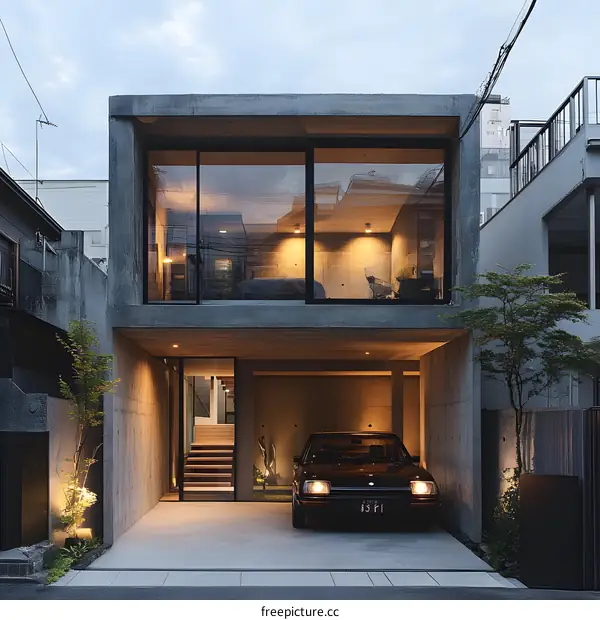 Modern Concrete House with Black Car in Garage