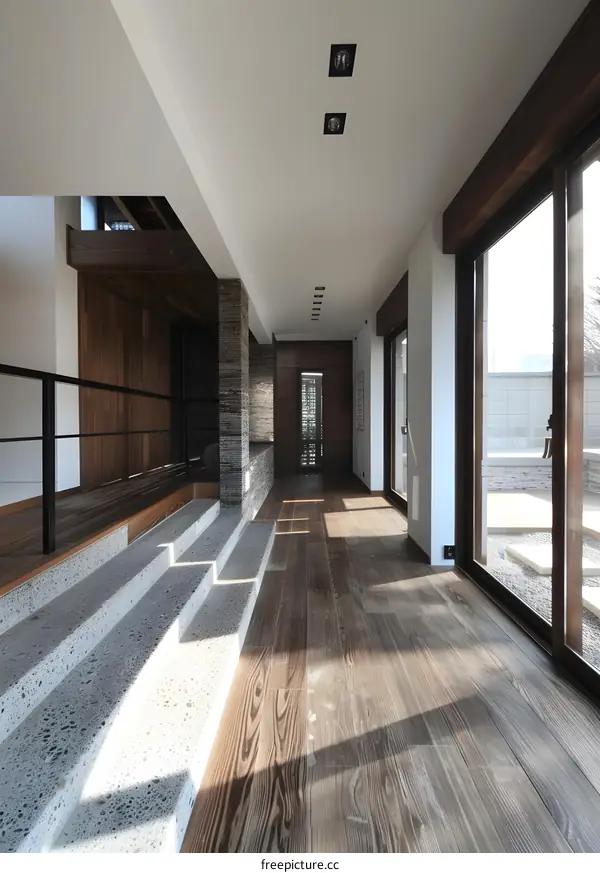 Modern Interior Design with Concrete Steps and Wooden Floor