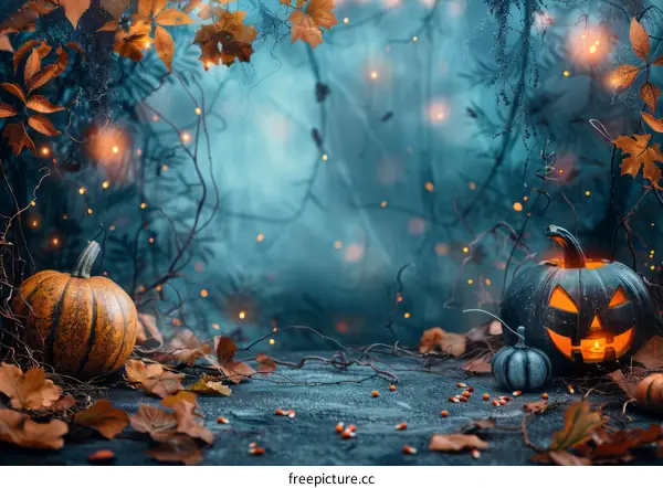 Halloween pumpkins in a spooky forest
