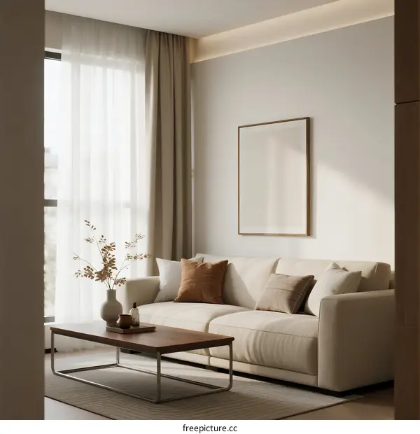 Minimalist Living Room with Soft Lighting and Modern Furniture