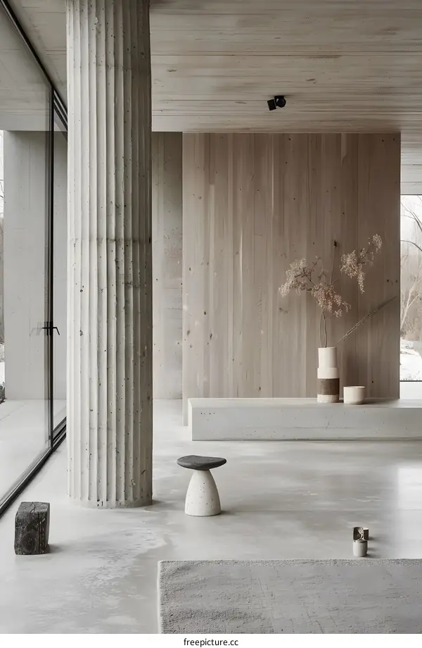 Minimalist Interior Design with Concrete Column and Wooden Wall