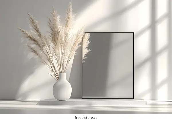 White Vase With Dried Pampas Grass and Shadow