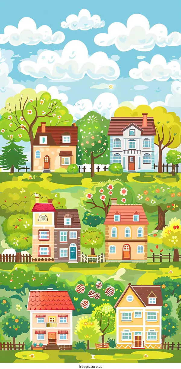 Cute Cartoon Illustration of Colorful Houses in the Countryside