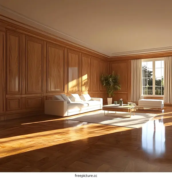 Modern Interior Design with Wood Panel Walls and Sun Rays