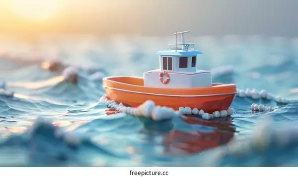 Orange and white toy boat bobbing in gentle waves