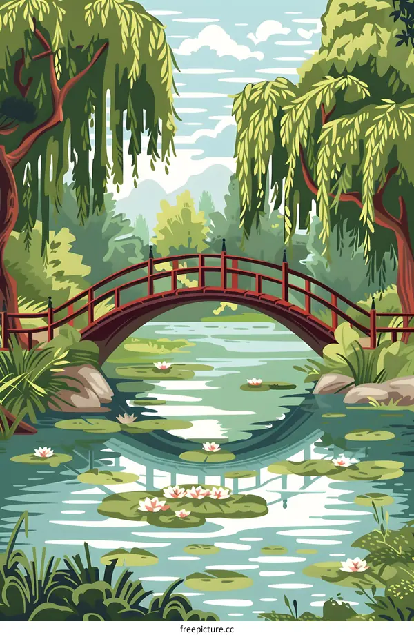 Red Wooden Bridge Over Calm Water in Lush Green Garden