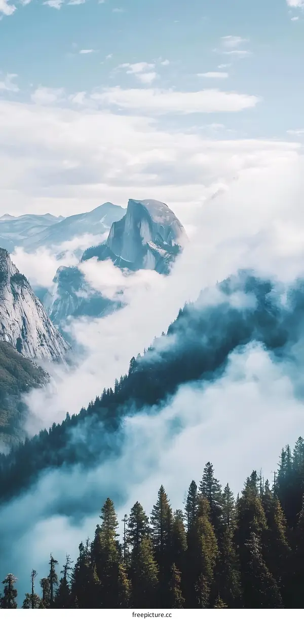 Mountain Range with Clouds and Trees