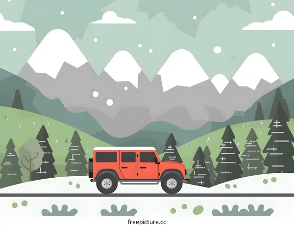 Red Car Driving On Snowy Mountain Road