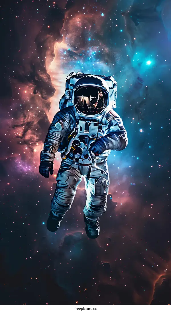 Astronaut in Suit Floating Amidst Nebulae and Stars