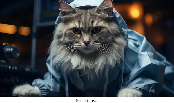 A Gray Cat Wearing a Blue Hazmat Suit