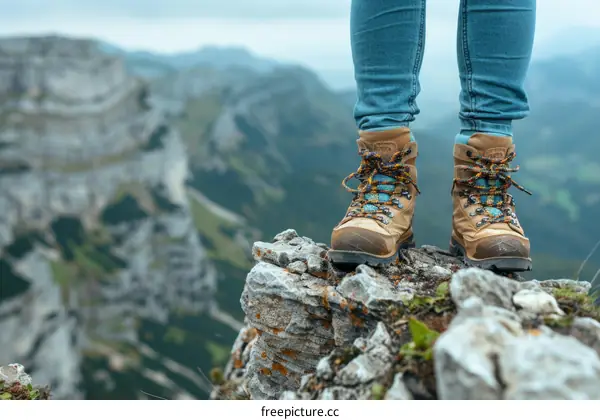 Close up of a person's feet in hiking boots standing on a rock with a mountainous background