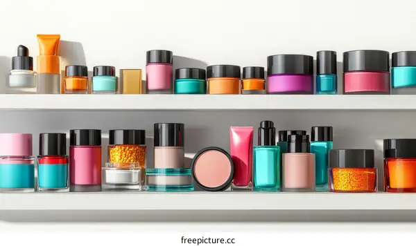 Colorful Cosmetic Products on White Shelves