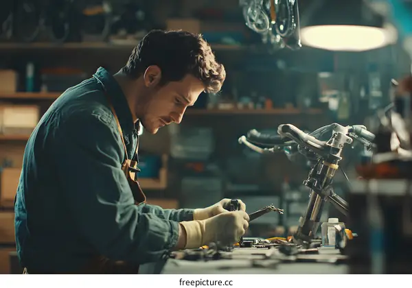 Man Repairing a Bicycle in a Workshop