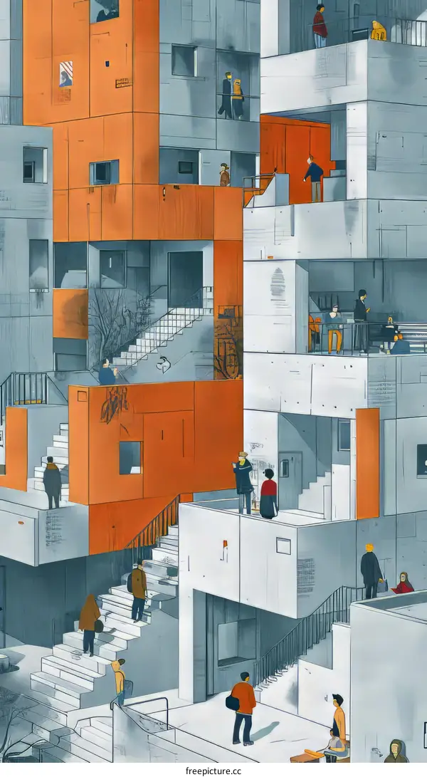 Illustration of a Multi-Level Apartment Building with Geometric Shapes