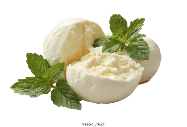 [Transparent Background PNG]Close-up of Creamy White Cheese Balls with Fresh Mint Leaves