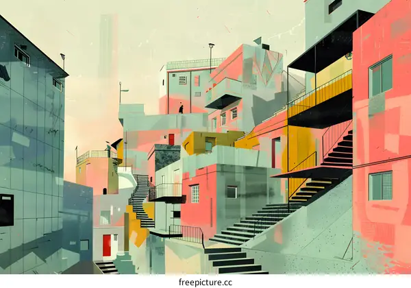 Abstract Illustration of a Cityscape with a Person Walking on a Rooftop
