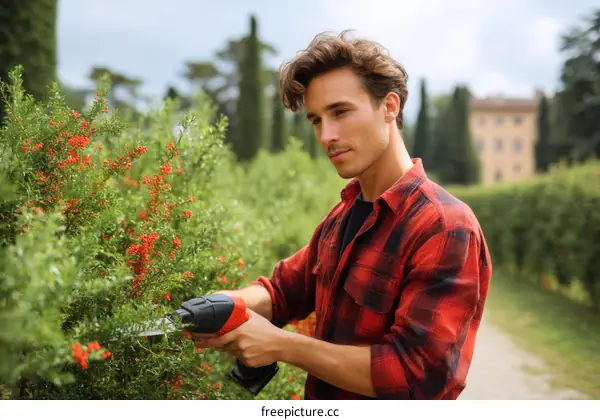Man Trimming Bushes in a Garden Landscape