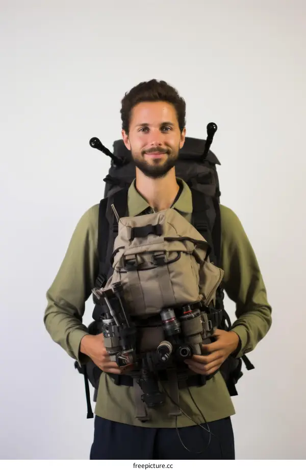 A young male photographer with a big backpack full of photography gear