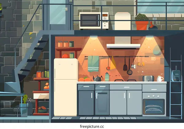 Modern Kitchen Illustration With Brick Wall And Stairs