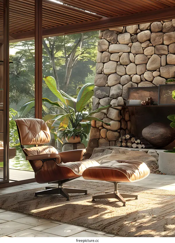 Modern Living Room Interior Design With Leather Chair And Stone Wall