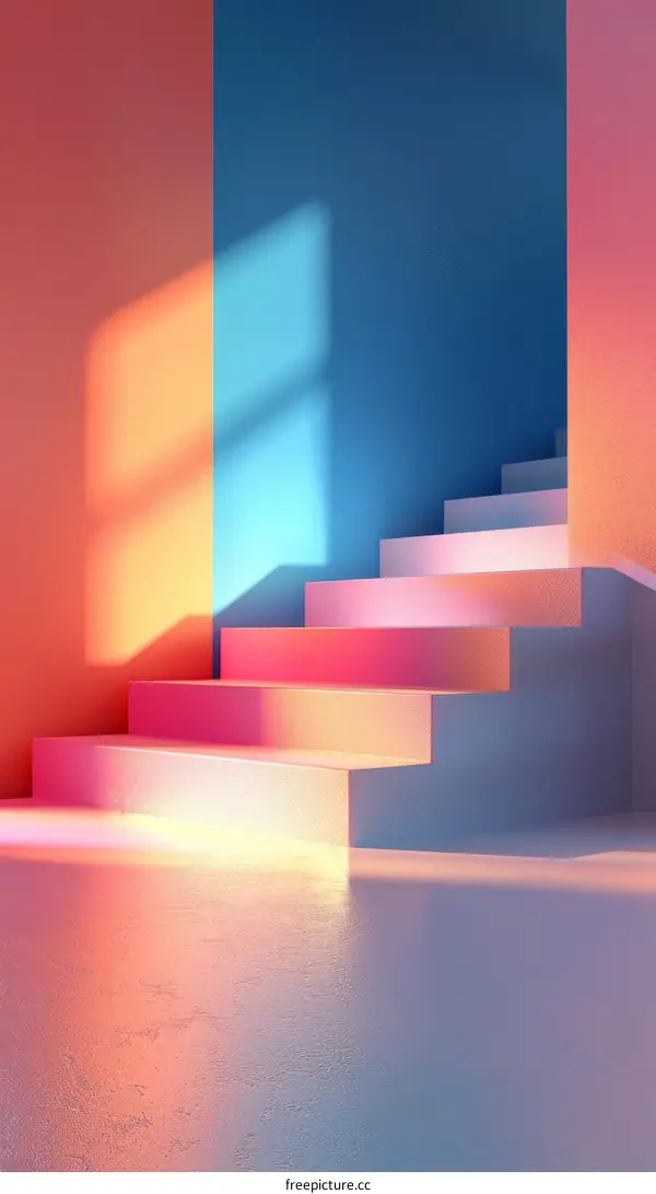 Modern Pink and Blue Staircase in a Room with Sunlight