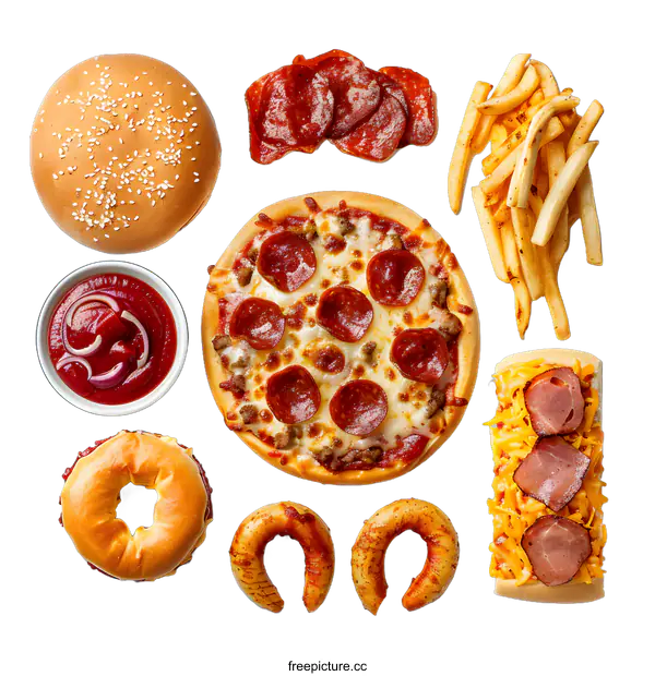 [Transparent Background PNG]Pizza, Fries, Burger, and Onion Rings Food Flat Lay