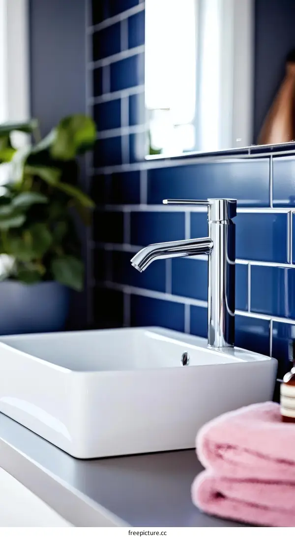 Modern Bathroom Sink with Faucet and Blue Tiles