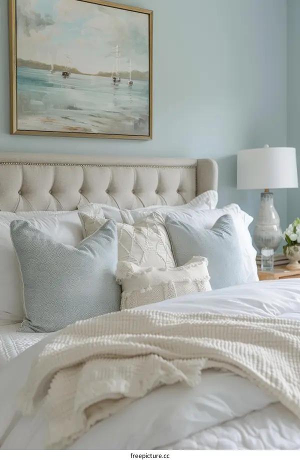Elegant Coastal Bedroom With Tufted Headboard And Blue Bedding