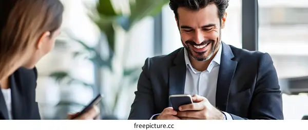 Smiling Businessman Looking At His Phone While Sitting At A Desk