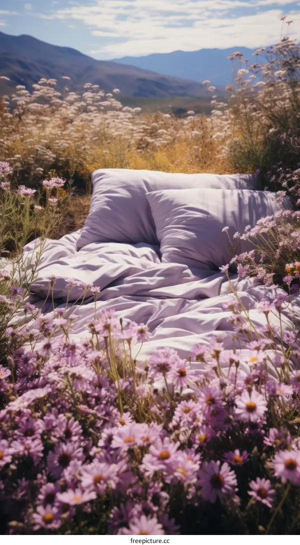 A purple comforter on a bed of purple flowers with a mountainous backdrop