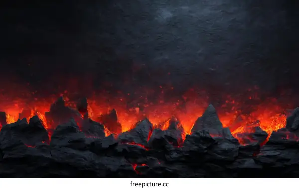 Molten Lava Flowing Among Dark Rocks
