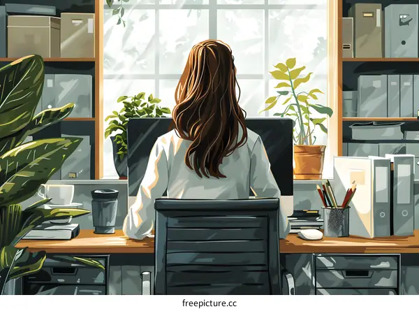 A woman is sitting at a desk in an office surrounded by plants.