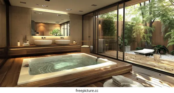 Modern Wooden Spa Bathroom with Garden View