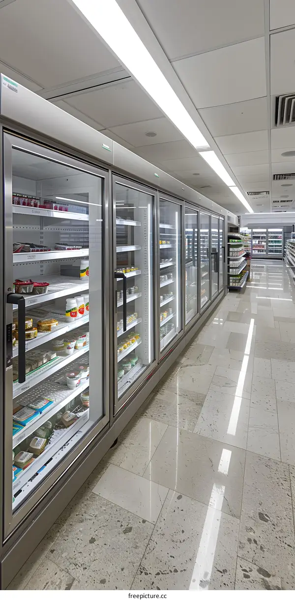 Refrigerated Display Cases In A Modern Grocery Store