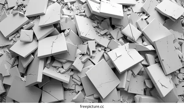 A pile of broken white ceramic tiles
