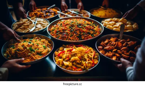 A group of people are eating a variety of Indian food.