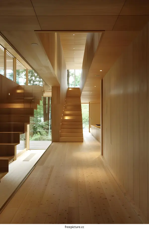 Modern Minimalist Wooden Staircase and Hallway Interior Design