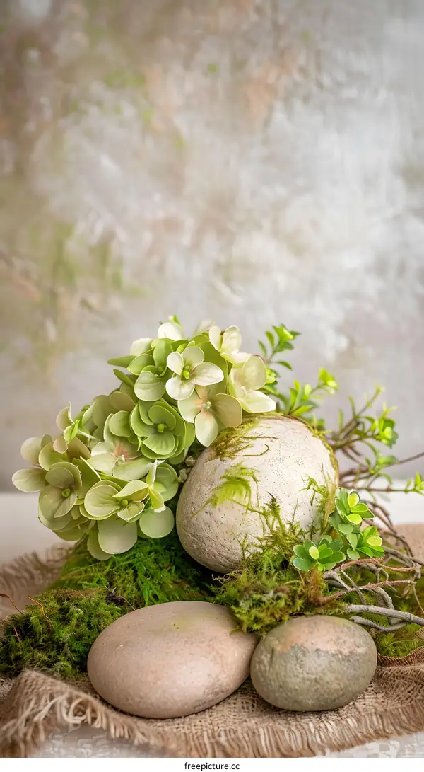 Green Flowers, Rocks, and Moss on Burlap