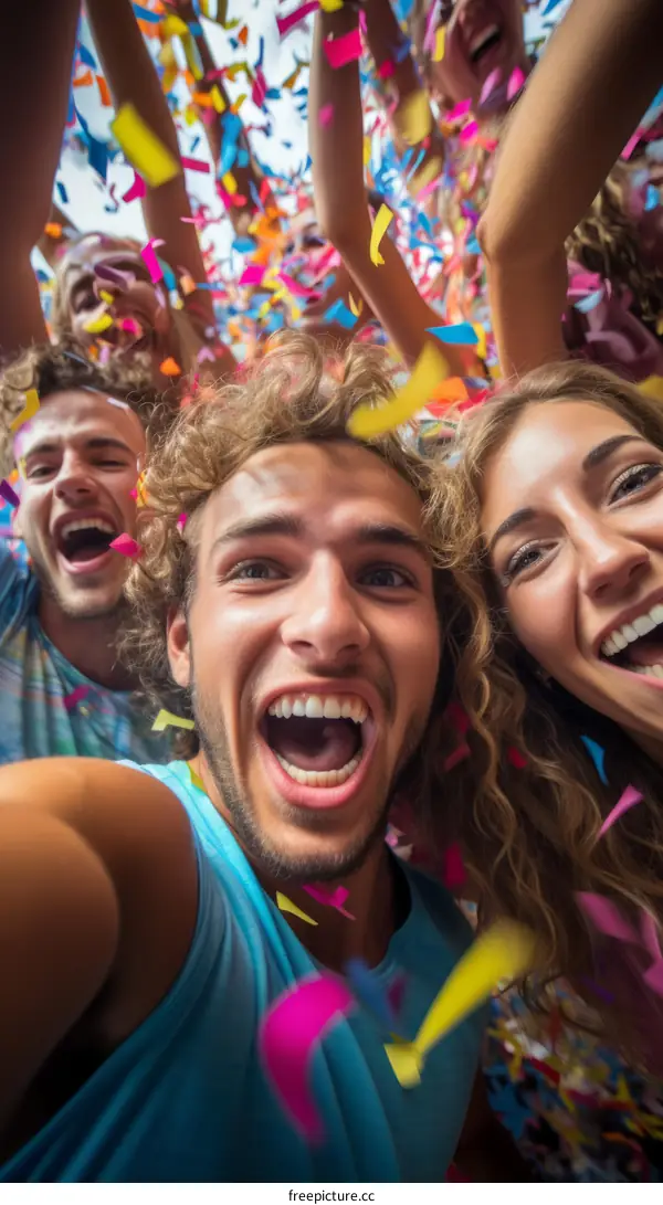 Four young people celebrating with confetti falling on them