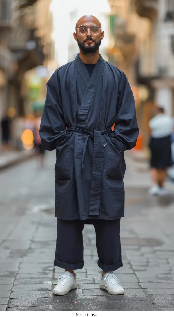 A man wearing a kimono is standing on the street
