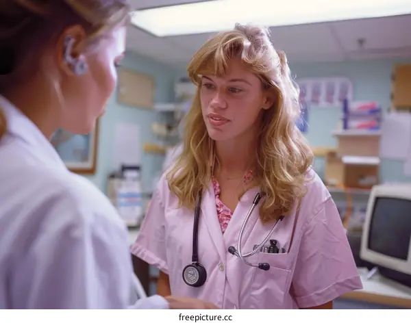Two female nurses are talking in a hospital.