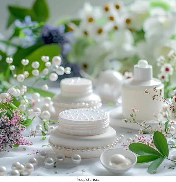White cosmetic bottle with pearls and green leaves for skin care and makeup