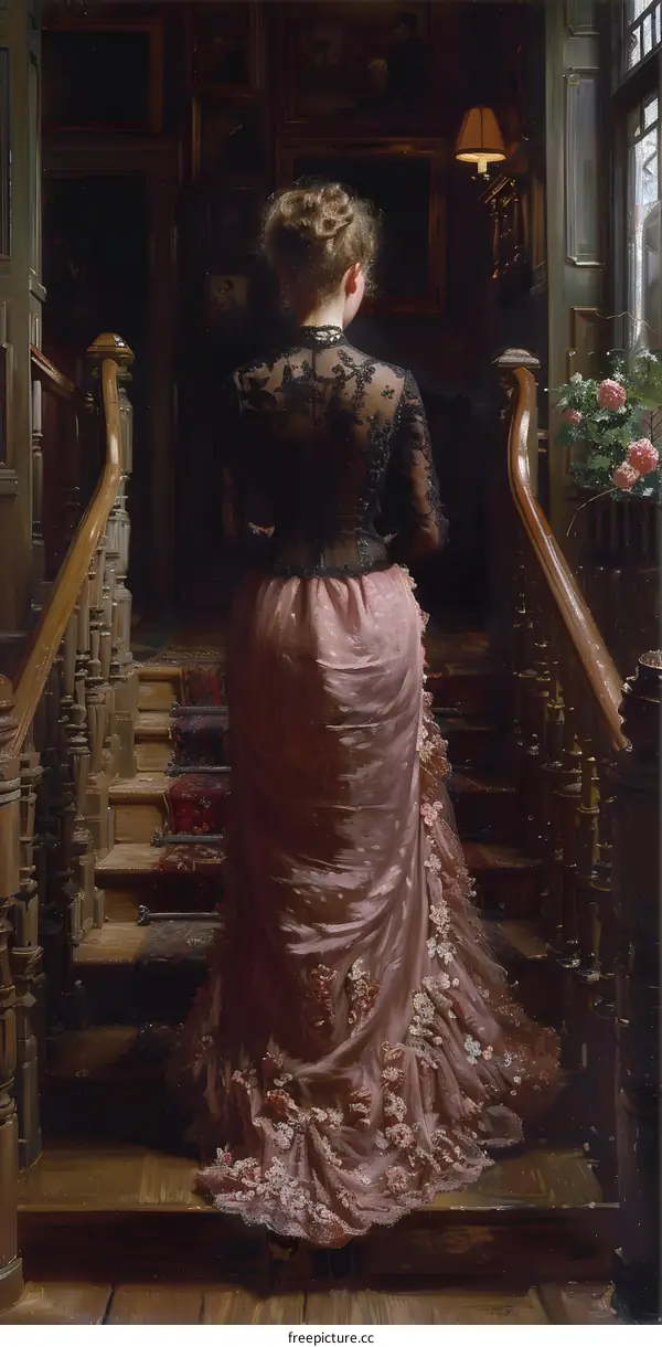 An Elegant Lady Ascends the Stairs