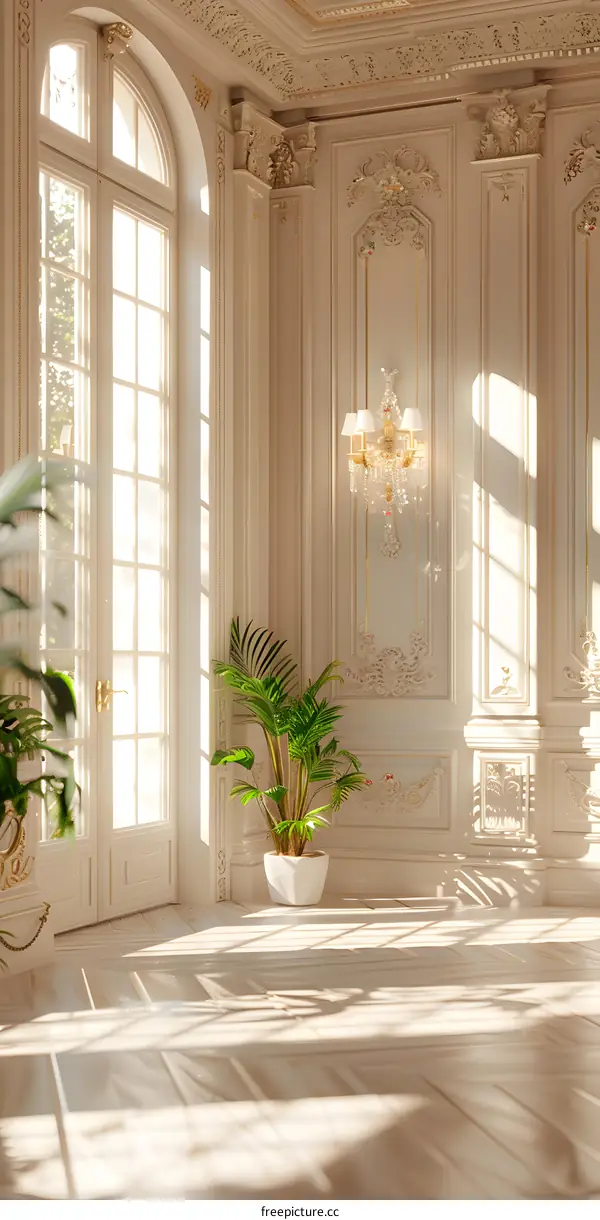 ornate interior of a mansion with tall windows and a potted plant
