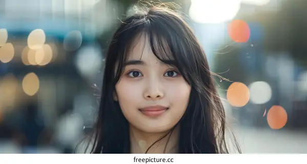 Portrait of a Young Asian Woman with Bokeh Lights