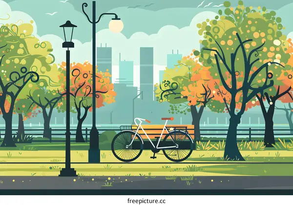 Autumn Park with a Bicycle and a Bench in Front of City Skyline