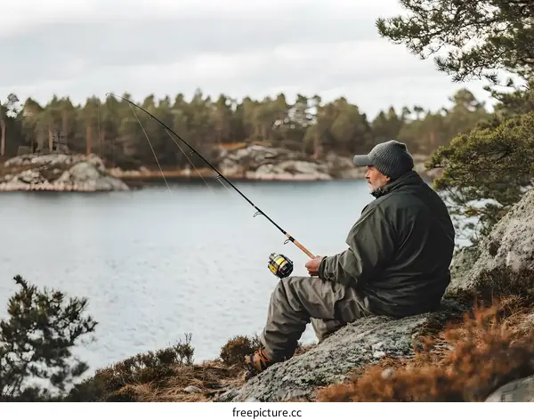 Man Fishing on a Lake in a Forest