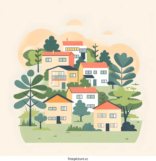 Cartoon Style Illustration of Colorful Houses in a Suburban Neighborhood with Green Trees