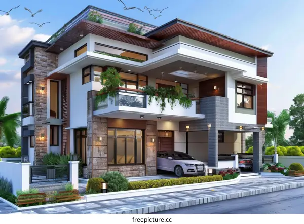 Modern Two-Story House Exterior Design Illustration