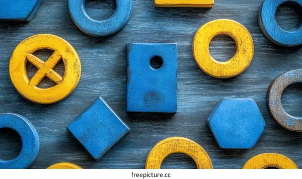 Colorful Wooden Shapes on Dark Wooden Background